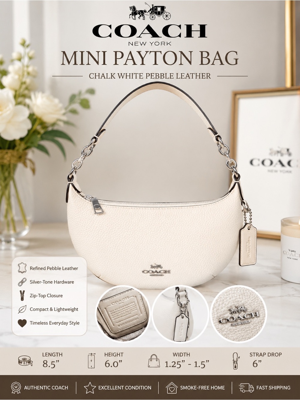 Coach Mini Payton Chalk White Pebble Leather Shoulder Bag